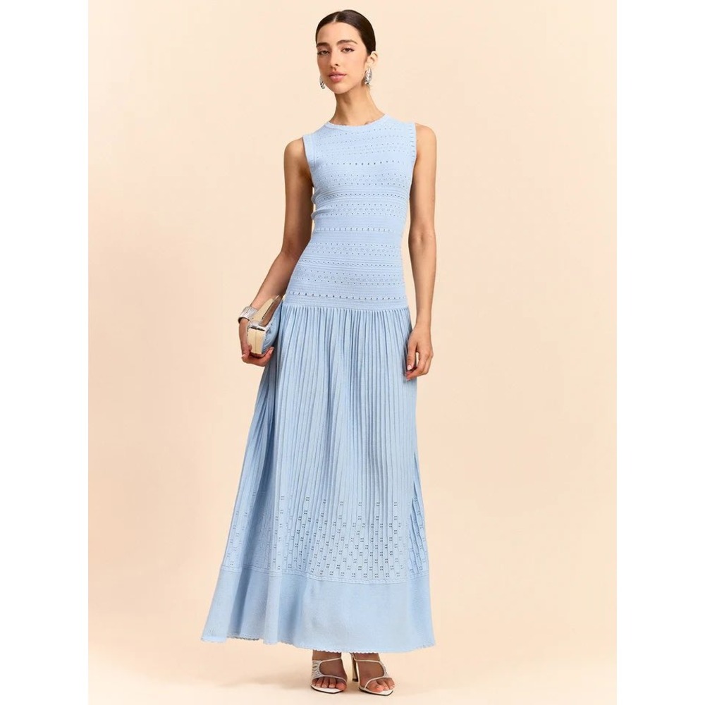 Commense Light Blue Sleeveless Knit Eyelet Pleated Maxi Dress XS NWT